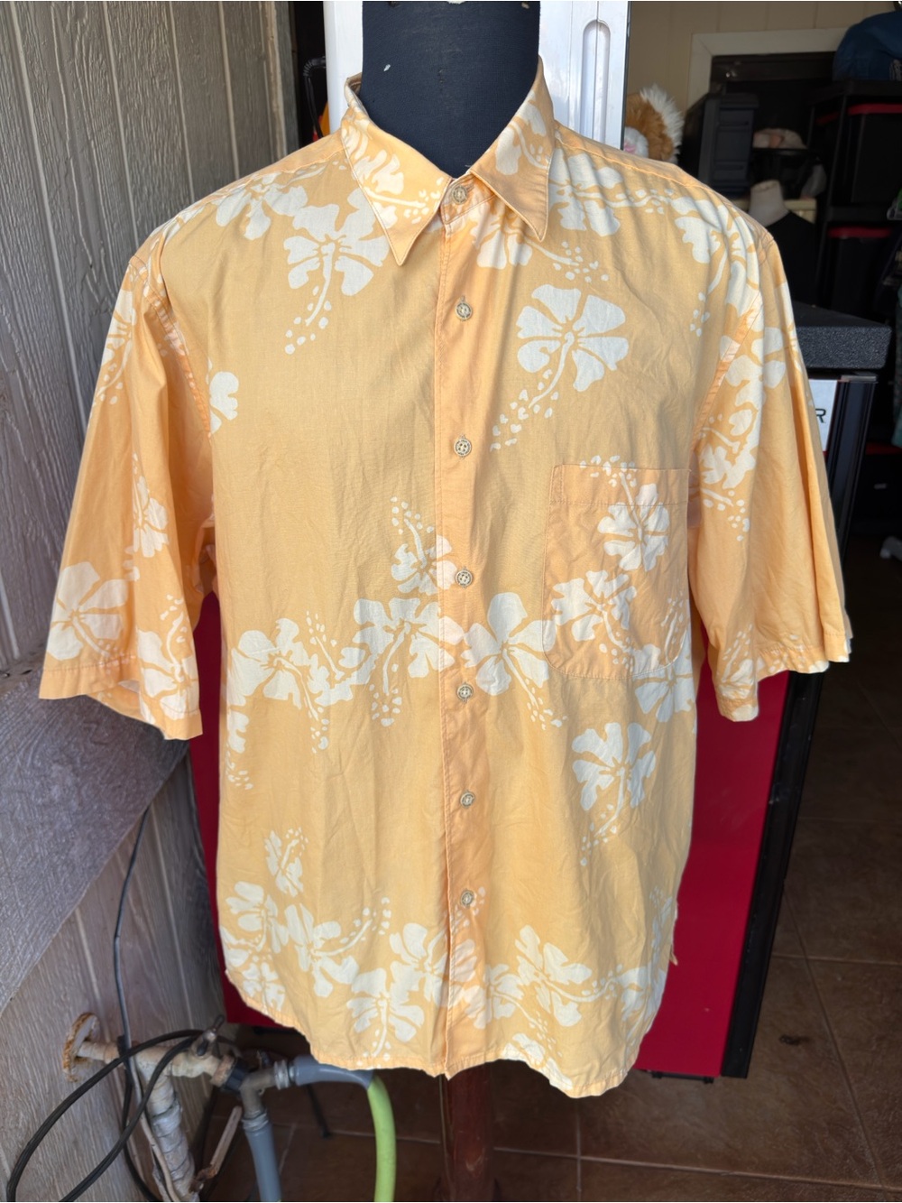 PreOwned Reyn Spooner Hawaiian Print Yellow Full Button Men's XL